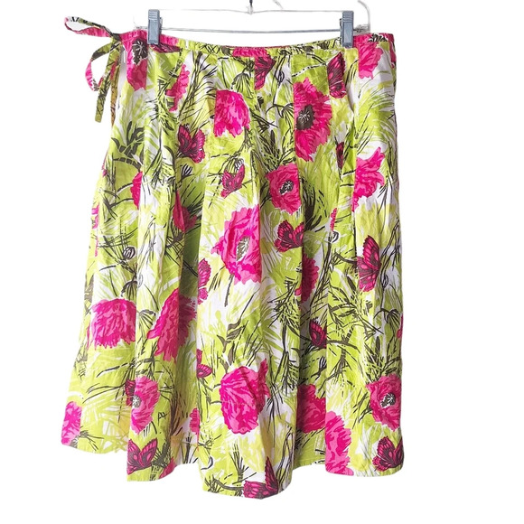 Talbots Size 12 Green Red Floral Butterfly Pleated Side Zip Cotton A-Line Skirt - Picture 2 of 12